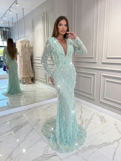 Astony One Women's New Fashionable And Elegant Luxury Design Green Double-Layer Sheer Fabric Sequin Pearl Decor Sexy Deep V-Neck Fitted Mermaid Evening Dress, Suitable For Outings, Valentine's Day, Birthday Party, Red Carpet, Gala, Formal Occasions, Wedding Guest, Prom, Holidays And More