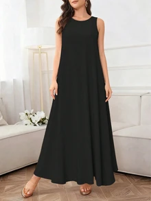 女士优雅纯色休闲圆领无袖宽松连衣裙，夏季黑色 - 黑色 - 查看 2