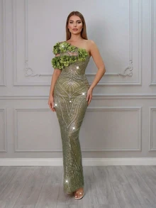 Đầm dạ hội Astony One màu xanh lá cây đính sequin họa tiết hoa, kiểu đuôi cá, ôm sát gợi cảm, lý tưởng cho các lễ hội âm nhạc, tiệc sinh nhật, dạ tiệc trang trọng, tiệc độc thân, sự kiện thảm đỏ và các dịp trang trọng khác. - màu xanh lá - Xem 2