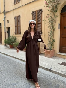 女士深V领A字长裙，休闲优雅嘉年华连衣裙，波西米亚露背设计，无弹力梭织面料飘逸连衣裙，春夏款 - 咖啡 - 查看 4