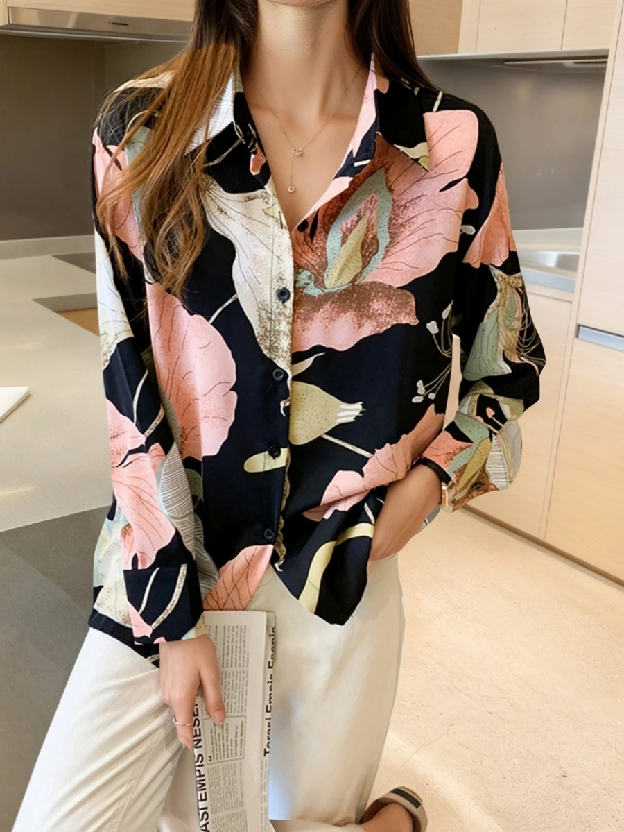YUXIN Áo sơ mi nữ chất liệu satin in họa tiết nổi bật, cổ ve lật, cài cúc phía trước, tay dài, dáng rộng, có thể xắn lên, kiểu dáng retro thời trang, phù hợp cho mặc hàng ngày, đi làm, hẹn hò, tiệc năm mới và các dịp khác.