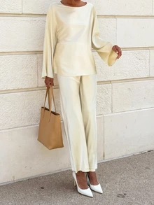 Set 2 buc. Ținută elegantă pentru femei, model vintage de monede, cu textură satinată, pentru naveta și casual, model vintage - Caisă - Vizualizare 2