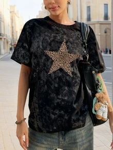 تي شيرت نسائي صيفي جديد بطبعة نمر وأنماط نجوم، رقبة دائرية، أكمام قصيرة، صبغة ربطية، أنيق ومتعدد الاستخدامات - الأسود - مشاهدة 9