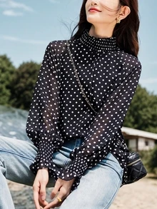 YUXIN 女士时尚波点高领荷叶边雪纺衬衫，喇叭袖宽松版型，透气显瘦，适合春秋季办公室、派对及各种场合穿着。 - 黑色 - 查看 3