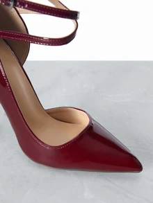 CHICVUE Fall/Winter 2025 Women Glossy Mirror Material Strap Buckle High Heel 2024 New Burgundy Color Pumps,Elegant,Party Outfits - Burgundy - View 5