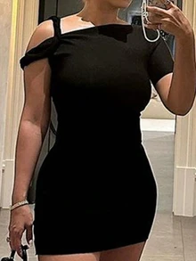 女士街头风斜肩短袖纯色修身性感包臀迷你连衣裙黑色夏季优雅 - 黑色 - 查看 2