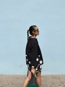 2pcs Women's Vacation Outfit, Black Contrast Hem Embroidered Set: V-Neck Cardigan With White Trim Hem, Black Blouse; Bohemian Casual Vacation Shirt And Black Shorts