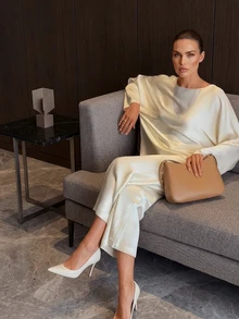 Set 2 buc. Ținută elegantă pentru femei, model vintage de monede, cu textură satinată, pentru naveta și casual, model vintage - Caisă - Vizualizare 3