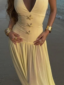 Women's Casual Elegant Deep V-Neck Halter Vacation Beach Party Dress - Yellow - View 2