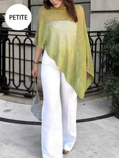 Poncho transparente con degradado verde, blusa asimétrica de punto para mujer talla petite