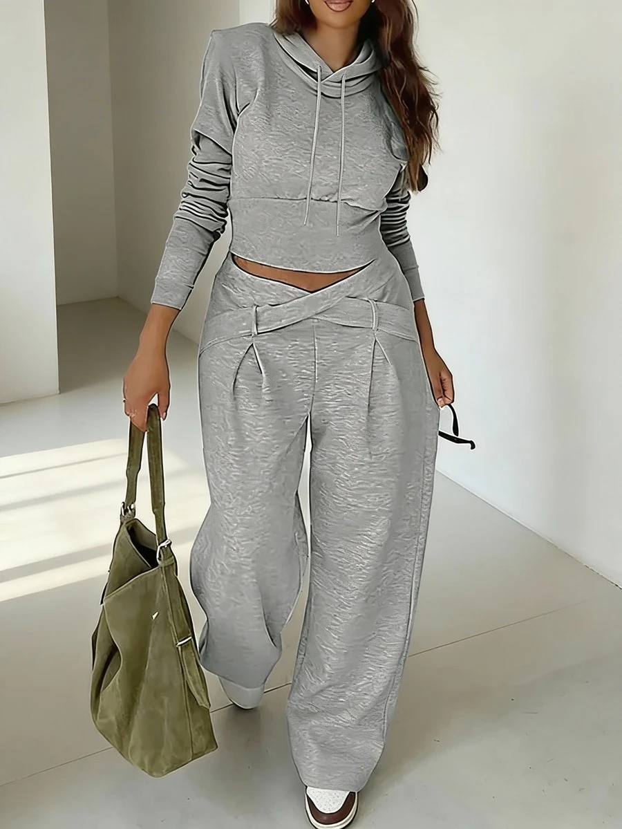 女士休闲时尚长袖连帽衫，腰部拼接设计，宽松运动裤，两件套，灰色 - 花灰色 - 查看 1