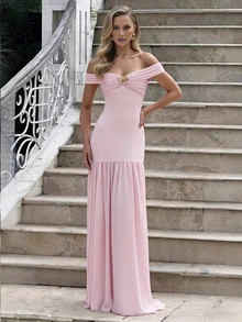 Nouvelle arrivée Robe élégante sans bretelle pour femme, robe moulante avec épaulettes dénudées en maille sexy - Rose bonbon - Voir 2