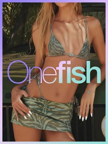 Onefish 2026 New 3 PiecesSwimsuit Set Side Stripe Spaghetti Strap Halter Neck Tie Side Sets Sexy High Waisted Beach Vacation Bikini Set For Summer Days From Poolside To Beachside,Beach Wear,Holidays Girls. - Green - View 1