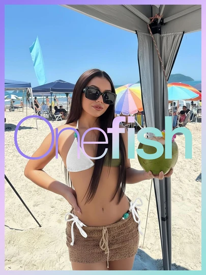  Onefish Luxurious Beaded Textured 3 PiecesSwimsuit Set Triangle Top Adjustable Straps High Cut Bottom Strap Beach Coverup Dress For Summer Beach Vacation.