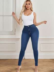 提臀修身铅笔裤，凸显身材曲线，适合度假、牛仔套装、牛仔裤、长裤、外出穿着，女士牛仔裤套装，女士牛仔裤 - 藍色 - 查看 2