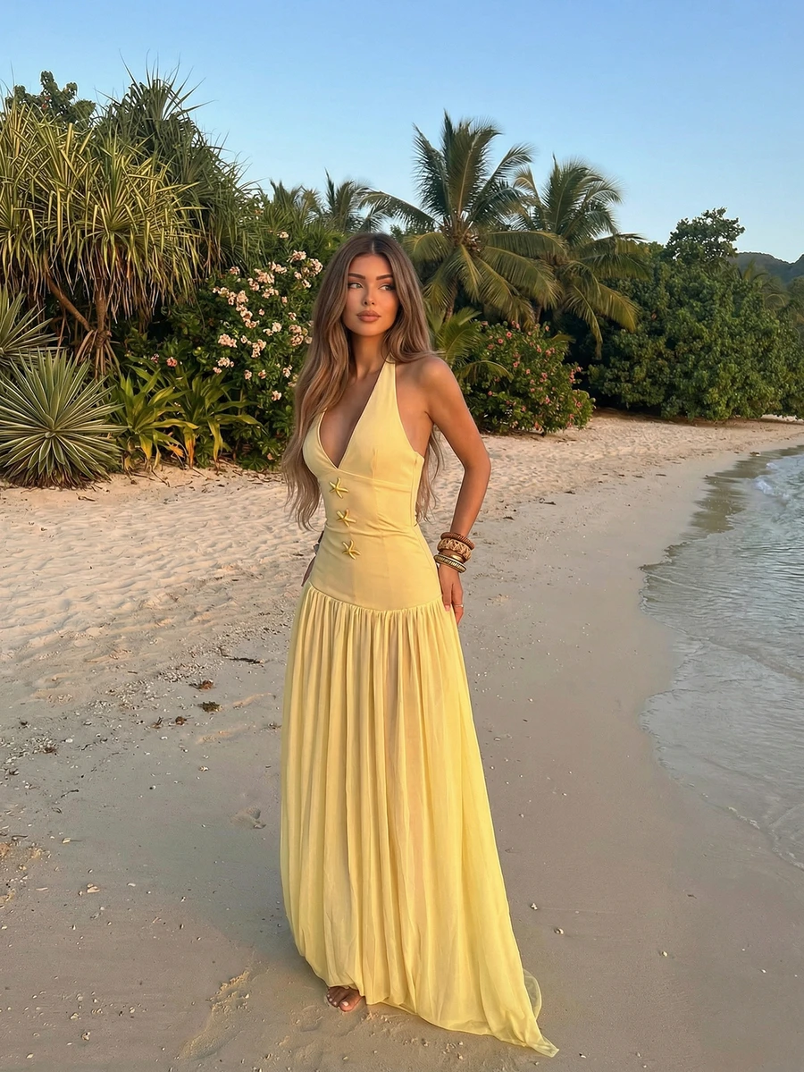 Women's Casual Elegant Deep V-Neck Halter Vacation Beach Party Dress - Yellow - View 1
