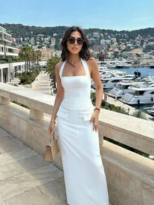 French Elegant Casual Square Neck Backless Top & Straight Skirt Two Pieces Women's Summer Set, White - White - View 2