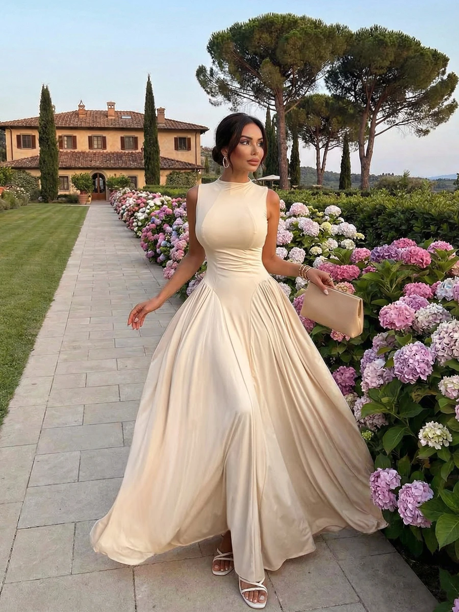 Đầm cocktail mini dáng ôm, màu trơn, thanh lịch kiểu Pháp, cổ tròn, không tay, eo nhún, thích hợp cho mùa hè, đầm sang trọng cho nữ, đầm thường ngày cho nữ. - Màu be - Xem 1