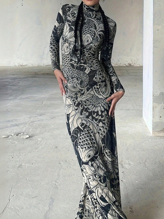 Vestido ajustado de fiesta, discoteca y streetwear con bloques de color, vestido de malla con estampado floral de manga larga y cuello alto, primavera/verano