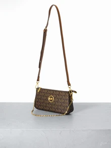 CHICVUE 1pc Women's Multicolor Patchwork Square Shoulder Bag, Adjustable Strap, Letter & Chain Decor, Crossbody Bag, New Design - Coffee Brown - View 2