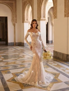 Elisanya Astony One 新款女士时尚修身优雅性感露肩白色晚礼服，花卉装饰无肩带婚纱，适合订婚、嘉年华、音乐节、生日派对、正式晚宴、豪华晚会等场合，修身白色蕾丝花卉连衣裙，春季款 - 白色 - 查看 2