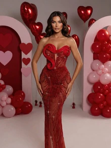 Astony One New Sexy Fitted Elegant Sequin Embellished Strapless Dress, Red Evening Gown Suitable For New Year, Valentine's Day, Carnival, Music Festival Parties, Engagement, Wedding, Birthday, Red Carpet Events - Red - View 2