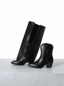 CHICVUE 女士新款秋冬粗跟尖头踝靴，时尚夜店欧美风，可拆卸百搭高筒靴 - 黑色 - 查看 1