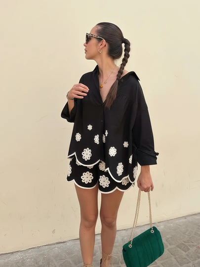 2pcs Women's Vacation Outfit, Black Contrast Hem Embroidered Set: V-Neck Cardigan With White Trim Hem, Black Blouse; Bohemian Casual Vacation Shirt And Black Shorts