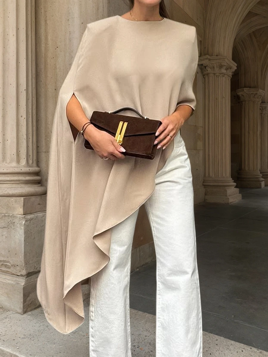 Beige Asymmetric Cape Sleeve Top | Minimalist Loose Fit Blouse For Office & Brunch - Apricot - View 1