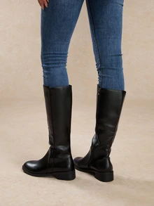 Tropiscape 2025秋冬时尚搭配黑色连衣裙，2024新款女式高筒靴，粗跟弹力过膝长靴，平底骑士靴，搭配毛衣