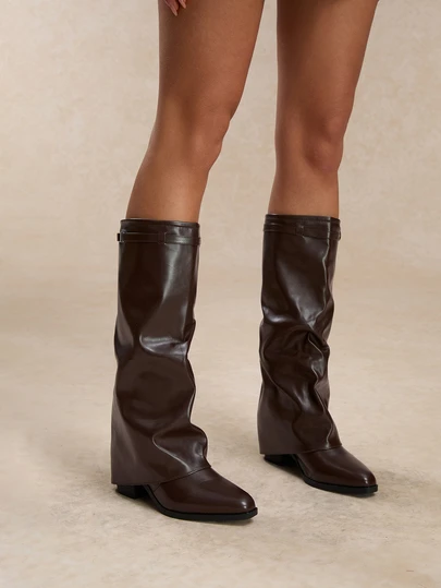 Tropiscape 秋冬女士过膝折叠尖头舒适厚底高跟翻边皮靴，适合日常休闲、假日、度假、春季、复活节等场合，甜美性感风格，棕色，派对必备