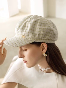 Clariva 1 件女士时尚八角形帽子，千鸟格纹图案，适合冬季秋季日常佩戴 - 白色 - 查看 5