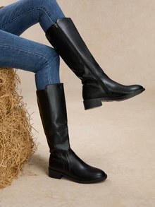 Tropiscape 2025秋冬时尚搭配黑色连衣裙，2024新款女式高筒靴，粗跟弹力过膝长靴，平底骑士靴，搭配毛衣