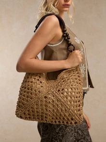 Tropiscape Large Capacity Portable Women's Woven Straw Shoulder Bag Medium Handbag With Handle For Beach Vacation Cottagecore,SummerOutfit ,Holiday - Light Khaki - View 1