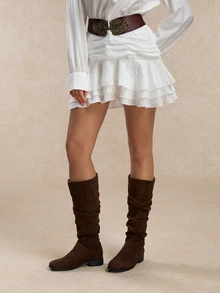 Tropiscape 卡其色高筒靴，女士秋冬复古高筒靴，西部牛仔骑马靴，宽松靴，派对靴 - 咖啡棕 - 查看 4