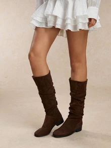 Tropiscape 卡其色高筒靴，女士秋冬复古高筒靴，西部牛仔骑马靴，宽松靴，派对靴 - 咖啡棕 - 查看 1