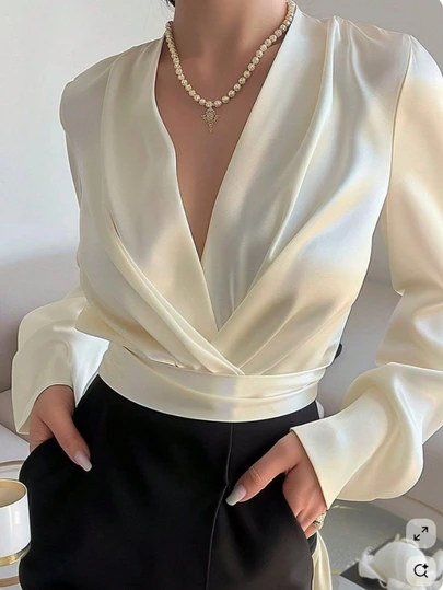 女士时尚性感纯色深V领系带露脐衬衫