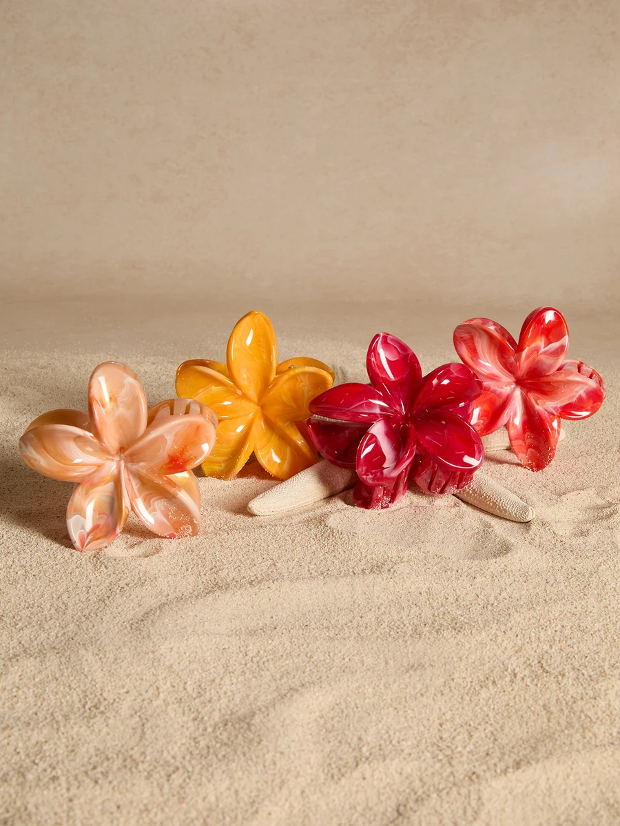 Tropiscape 4 件春夏波西米亚甜美亮橙色和红色大理石雏菊花发夹，沙滩发夹套装时尚发饰花爪夹优雅发夹秋冬度假装女士 - 彩色 - 查看 1