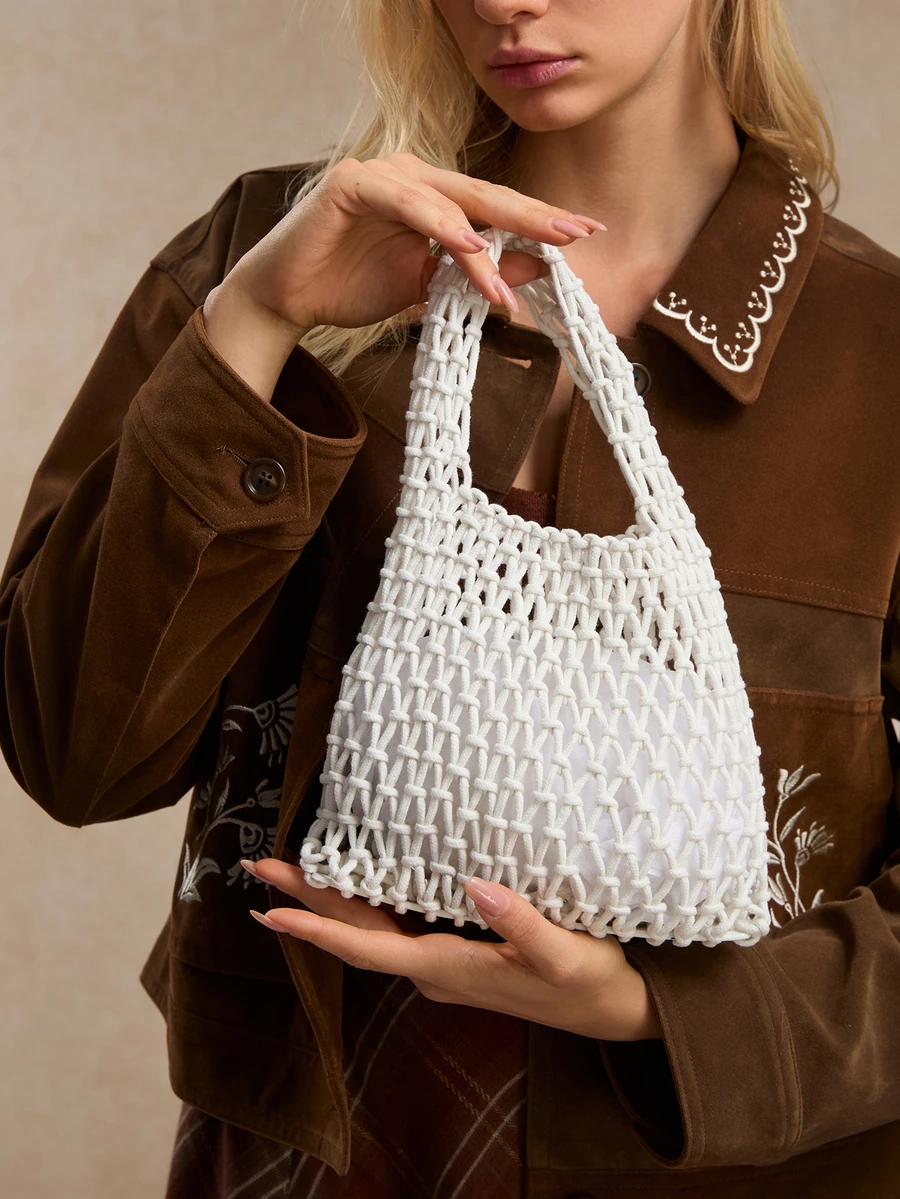 Tropiscape 休闲编织镂空手提包，女士时尚针织手提包，沙滩包，沙滩钱包，适合夏季、度假和日常使用 - 白色 - 查看 1