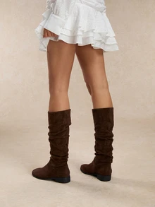 Tropiscape 卡其色高筒靴，女士秋冬复古高筒靴，西部牛仔骑马靴，宽松靴，派对靴 - 咖啡棕 - 查看 3