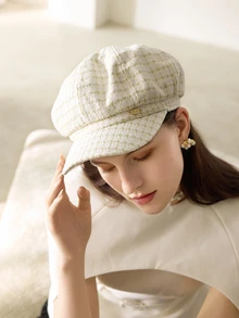 Clariva 1 件女士时尚八角形帽子，千鸟格纹图案，适合冬季秋季日常佩戴 - 白色 - 查看 3