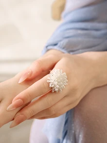 Clariva 1 件时尚手工珠子和人造珍珠花戒指情人节、妈妈、母亲、母亲节、礼物 - 白色 - 查看 3