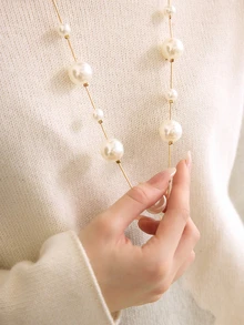 Clariva 1pc European And American Popular Long Faux Pearl Sweater Chain Necklace Winter Gifts - Beige - View 6