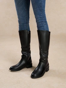 Tropiscape 2025秋冬时尚搭配黑色连衣裙，2024新款女式高筒靴，粗跟弹力过膝长靴，平底骑士靴，搭配毛衣