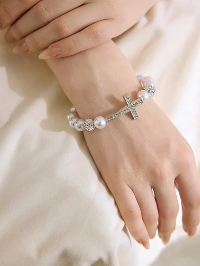 Clariva Pulsera Decorada Con Cruz De Diamantes De Imitación Y Perlas Falsas