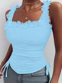 Women Elegant Solid Color Lace Trim Side Drawstring Tank Tops, Summer