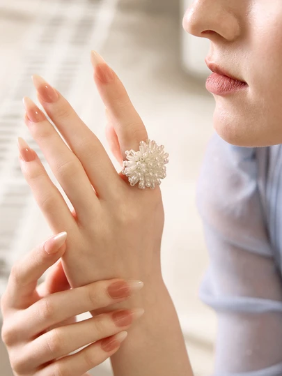 Clariva 1pc Fashionable Handmade Bead & Faux Pearl Flower Ring Valentines,Mom,Mother,Mother's Day,Gift