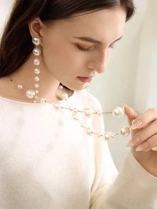 Clariva 1pc European And American Popular Long Faux Pearl Sweater Chain Necklace Winter Gifts - Beige - View 3