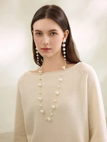 Clariva 1pc European And American Popular Long Faux Pearl Sweater Chain Necklace Winter Gifts - Beige - View 5