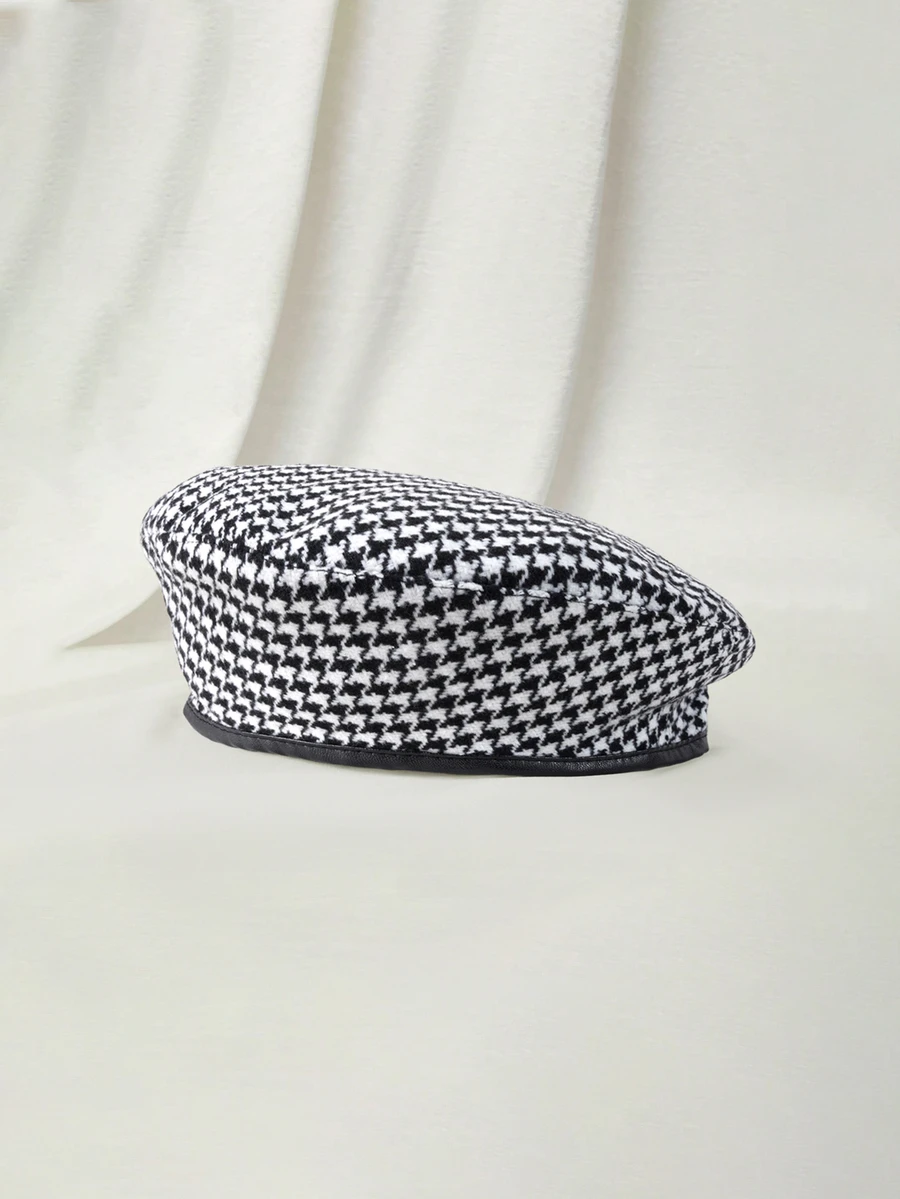 Clariva Houndstooth Pattern Beret, Suitable For Daily Wear Christmas Winter Christmas Gifts New Year - Multicolor - View 1